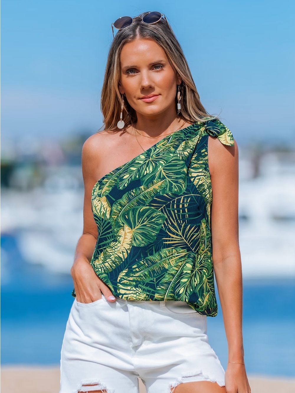Cupshe One-Shoulder Tropical Leaf Print Camisole - Dark Green & Yellow